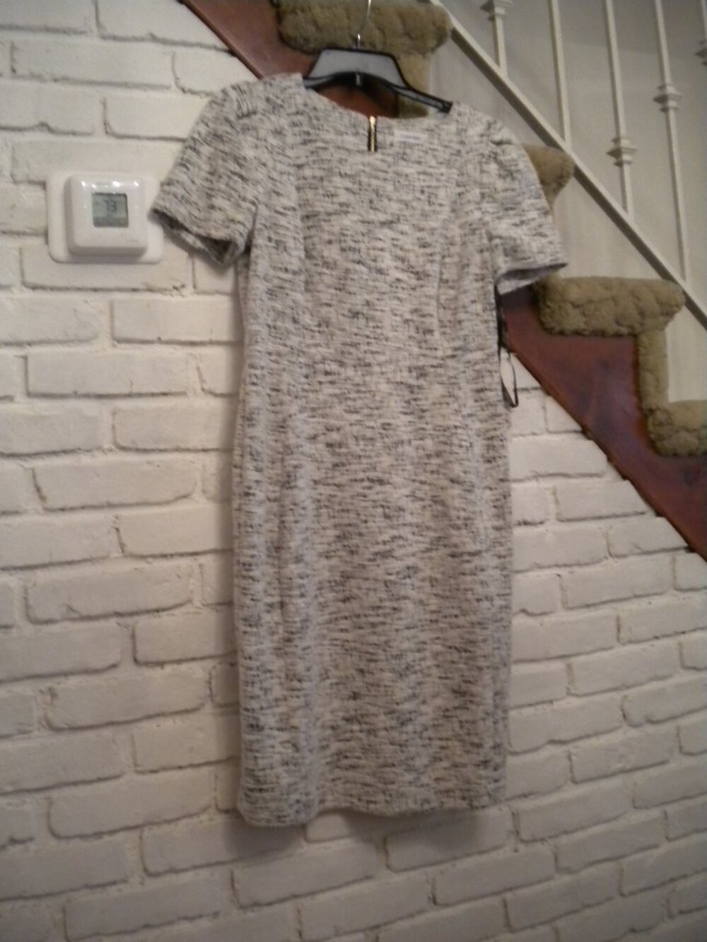Calvin Klein NWT Textured Tweed Sheath Dress Black Ivory Gold Zip Women's Dress